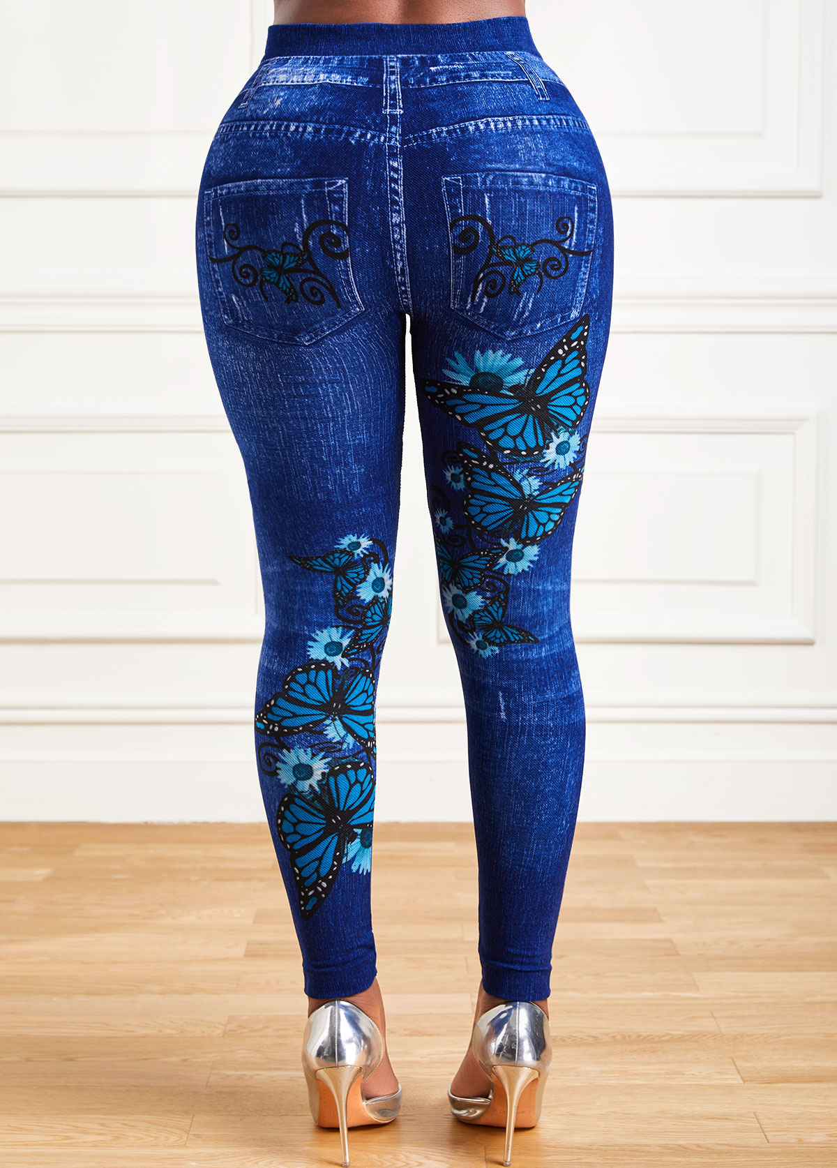 Butterfly Print Blue Elastic Detail High Waisted Leggings