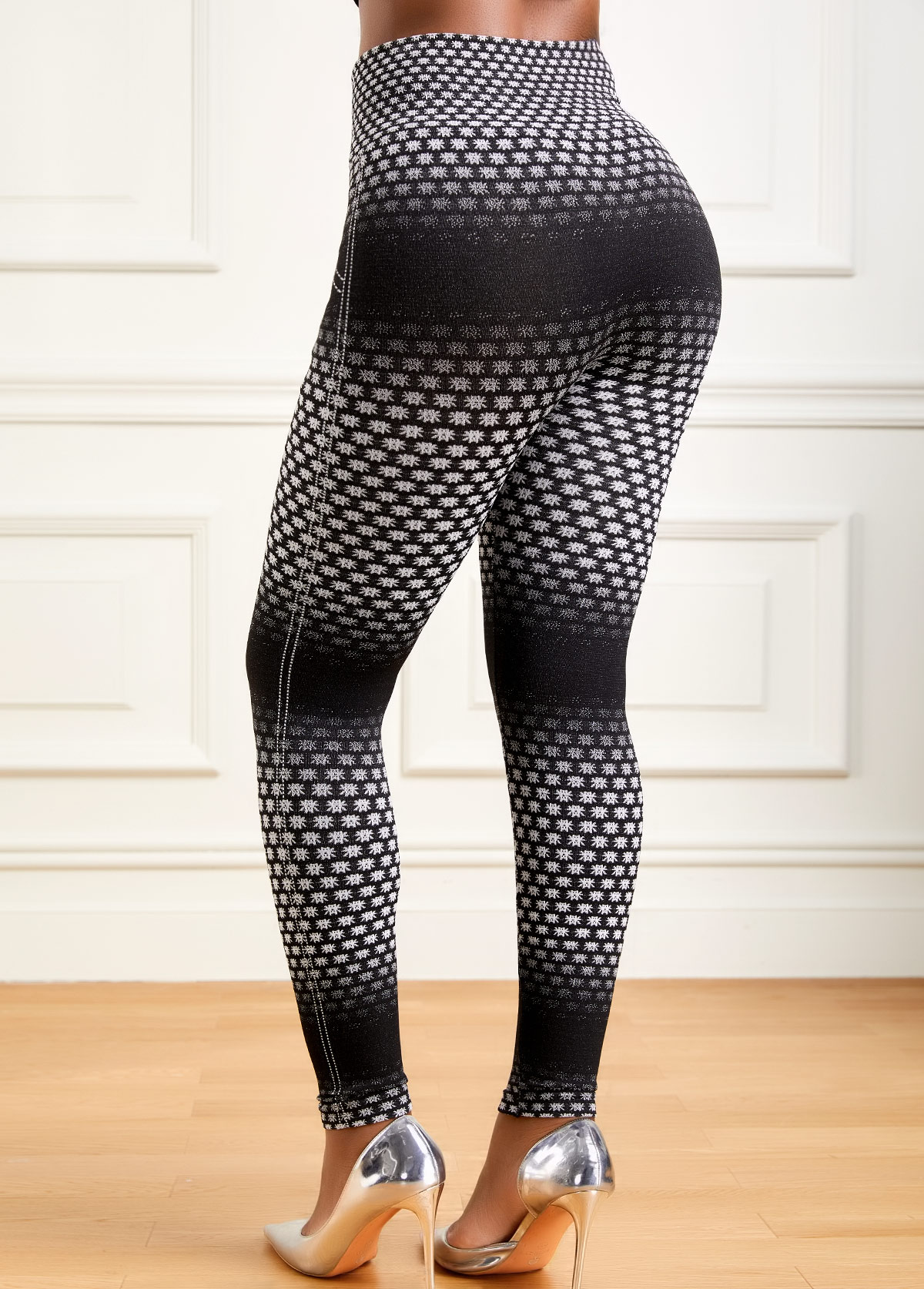 Geometric Print Black Elastic Waist High Waisted Leggings
